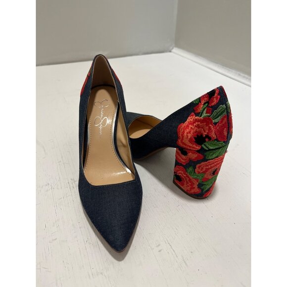 Jessica Simpson Womens Embroidered Denim Block Heels‎ Size 7.5 - Picture 1 of 11